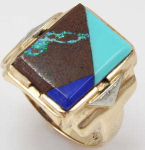 Antique 1920's Art Deco Natural Opal Turquoise Lapis Lazuli Intarsia Inlay 10k Solid Gold Men's Ring