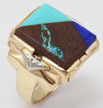 Load image into Gallery viewer, Antique 1920&#39;s Art Deco Natural Opal Turquoise Lapis Lazuli Intarsia Inlay 10k Solid Gold Men&#39;s Ring