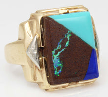 Load image into Gallery viewer, Antique 1920&#39;s Art Deco Natural Opal Turquoise Lapis Lazuli Intarsia Inlay 10k Solid Gold Men&#39;s Ring