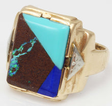 Load image into Gallery viewer, Antique 1920&#39;s Art Deco Natural Opal Turquoise Lapis Lazuli Intarsia Inlay 10k Solid Gold Men&#39;s Ring