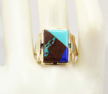 Load image into Gallery viewer, Antique 1920&#39;s Art Deco Natural Opal Turquoise Lapis Lazuli Intarsia Inlay 10k Solid Gold Men&#39;s Ring