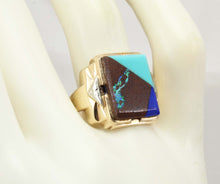 Load image into Gallery viewer, Antique 1920&#39;s Art Deco Natural Opal Turquoise Lapis Lazuli Intarsia Inlay 10k Solid Gold Men&#39;s Ring