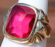 Load image into Gallery viewer, Antique 1920&#39;s Art Deco LARGE 12ct Faceted Top Cushion Cut Ruby Engraved 10k Solid Gold Men&#39;s Ring