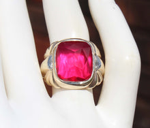 Load image into Gallery viewer, Antique 1920&#39;s Art Deco LARGE 12ct Faceted Top Cushion Cut Ruby Engraved 10k Solid Gold Men&#39;s Ring