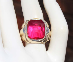 Antique 1920's Art Deco LARGE 12ct Faceted Top Cushion Cut Ruby Engraved 10k Solid Gold Men's Ring