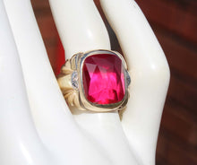 Load image into Gallery viewer, Antique 1920&#39;s Art Deco LARGE 12ct Faceted Top Cushion Cut Ruby Engraved 10k Solid Gold Men&#39;s Ring